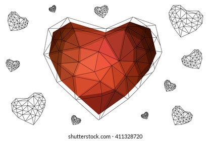 Dark red heart isolated on white background. Geometric rumpled triangular low poly origami style gradient graphic illustration. Vector polygonal design for your business.