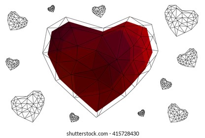 Dark red heart isolated on white background. Geometric rumpled triangular low poly origami style gradient graphic illustration. Vector polygonal design for your business.
