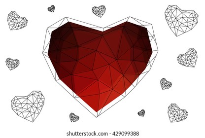 Dark red heart isolated on white background. Geometric rumpled triangular low poly origami style gradient graphic illustration. Vector polygonal design for your business.