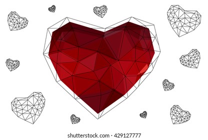 Dark red heart isolated on white background. Geometric rumpled triangular low poly origami style gradient graphic illustration. Vector polygonal design for your business.