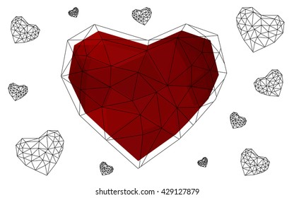 Dark red heart isolated on white background. Geometric rumpled triangular low poly origami style gradient graphic illustration. Vector polygonal design for your business.