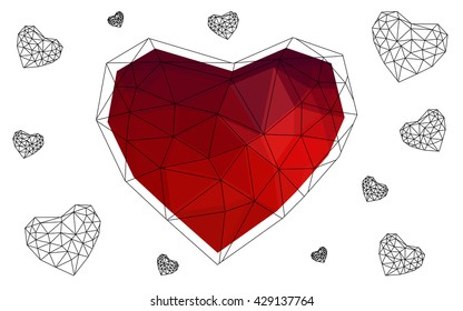 Dark red heart isolated on white background. Geometric rumpled triangular low poly origami style gradient graphic illustration. Vector polygonal design for your business.