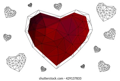 Dark red heart isolated on white background. Geometric rumpled triangular low poly origami style gradient graphic illustration. Vector polygonal design for your business.