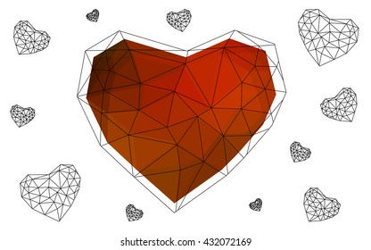 Dark red heart isolated on white background. Geometric rumpled triangular low poly origami style gradient graphic illustration. Vector polygonal design for your business.