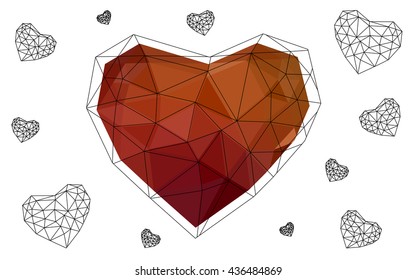 Dark red heart isolated on white background. Geometric rumpled triangular low poly origami style gradient graphic illustration. Vector polygonal design for your business.