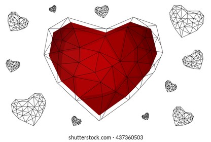 Dark red heart isolated on white background. Geometric rumpled triangular low poly origami style gradient graphic illustration. Vector polygonal design for your business.