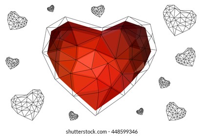 Dark red heart isolated on white background. Geometric rumpled triangular low poly origami style gradient graphic illustration. Vector polygonal design for your business.