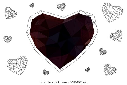 Dark red heart isolated on white background. Geometric rumpled triangular low poly origami style gradient graphic illustration. Vector polygonal design for your business.
