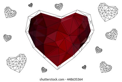 Dark red heart isolated on white background. Geometric rumpled triangular low poly origami style gradient graphic illustration. Vector polygonal design for your business.