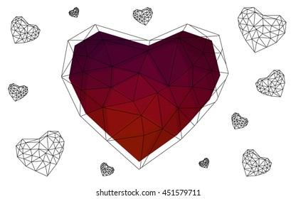 Dark red heart isolated on white background. Geometric rumpled triangular low poly origami style gradient graphic illustration. Vector polygonal design for your business.