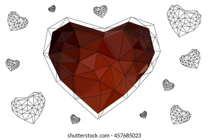 Dark red heart isolated on white background. Geometric rumpled triangular low poly origami style gradient graphic illustration. Vector polygonal design for your business.