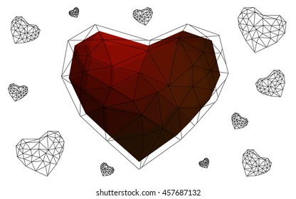 Dark red heart isolated on white background. Geometric rumpled triangular low poly origami style gradient graphic illustration. Vector polygonal design for your business.