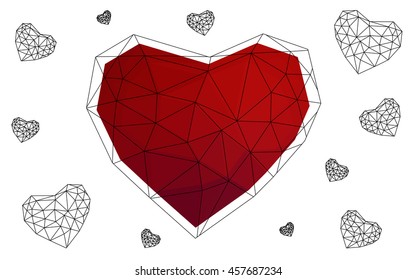 Dark red heart isolated on white background. Geometric rumpled triangular low poly origami style gradient graphic illustration. Vector polygonal design for your business.