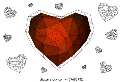 Dark red heart isolated on white background. Geometric rumpled triangular low poly origami style gradient graphic illustration. Vector polygonal design for your business.