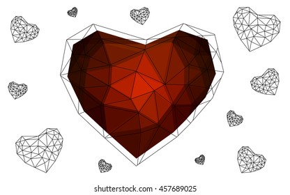 Dark red heart isolated on white background. Geometric rumpled triangular low poly origami style gradient graphic illustration. Vector polygonal design for your business.