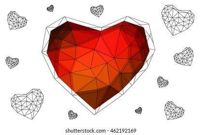 Dark red heart isolated on white background. Geometric rumpled triangular low poly origami style gradient graphic illustration. Vector polygonal design for your business.