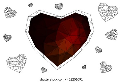 Dark red heart isolated on white background. Geometric rumpled triangular low poly origami style gradient graphic illustration. Vector polygonal design for your business.