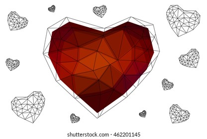 Dark red heart isolated on white background. Geometric rumpled triangular low poly origami style gradient graphic illustration. Vector polygonal design for your business.
