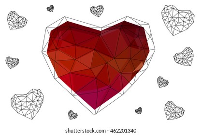 Dark red heart isolated on white background. Geometric rumpled triangular low poly origami style gradient graphic illustration. Vector polygonal design for your business.