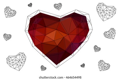 Dark red heart isolated on white background. Geometric rumpled triangular low poly origami style gradient graphic illustration. Vector polygonal design for your business.
