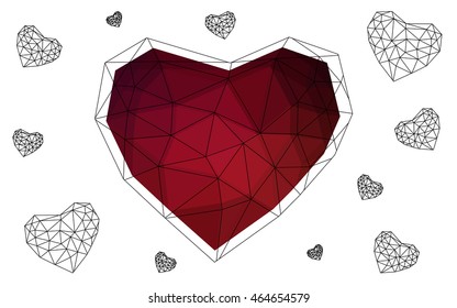Dark red heart isolated on white background. Geometric rumpled triangular low poly origami style gradient graphic illustration. Vector polygonal design for your business.