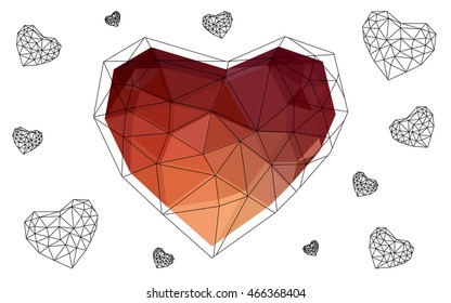 Dark red heart isolated on white background. Geometric rumpled triangular low poly origami style gradient graphic illustration. Vector polygonal design for your business.