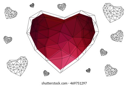 Dark red heart isolated on white background. Geometric rumpled triangular low poly origami style gradient graphic illustration. Vector polygonal design for your business.