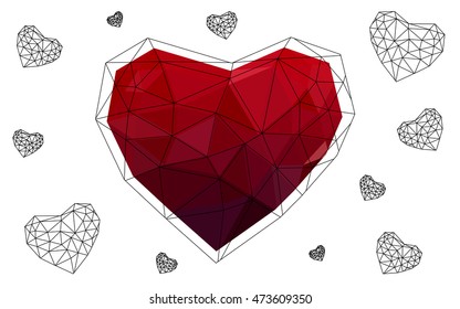 Dark red heart isolated on white background. Geometric rumpled triangular low poly origami style gradient graphic illustration. Vector polygonal design for your business.