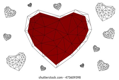 Dark red heart isolated on white background. Geometric rumpled triangular low poly origami style gradient graphic illustration. Vector polygonal design for your business.