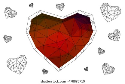 Dark red heart isolated on white background. Geometric rumpled triangular low poly origami style gradient graphic illustration. Vector polygonal design for your business.