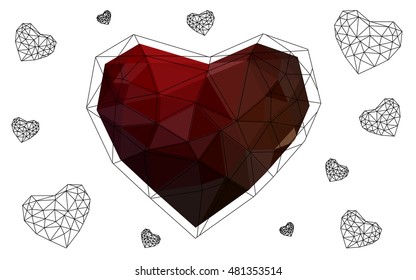 Dark red heart isolated on white background. Geometric rumpled triangular low poly origami style gradient graphic illustration. Vector polygonal design for your business.