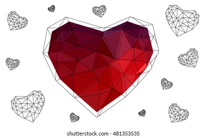 Dark red heart isolated on white background. Geometric rumpled triangular low poly origami style gradient graphic illustration. Vector polygonal design for your business.