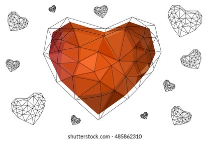 Dark red heart isolated on white background. Geometric rumpled triangular low poly origami style gradient graphic illustration. Vector polygonal design for your business.