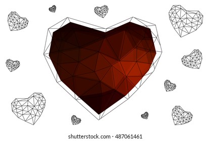 Dark red heart isolated on white background. Geometric rumpled triangular low poly origami style gradient graphic illustration. Vector polygonal design for your business.