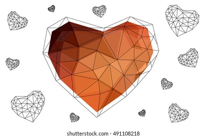 Dark red heart isolated on white background. Geometric rumpled triangular low poly origami style gradient graphic illustration. Vector polygonal design for your business.