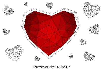 Dark red heart isolated on white background. Geometric rumpled triangular low poly origami style gradient graphic illustration. Vector polygonal design for your business.