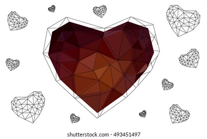 Dark red heart isolated on white background. Geometric rumpled triangular low poly origami style gradient graphic illustration. Vector polygonal design for your business.