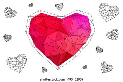 Dark red heart isolated on white background. Geometric rumpled triangular low poly origami style gradient graphic illustration. Vector polygonal design for your business.