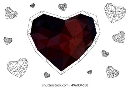 Dark red heart isolated on white background. Geometric rumpled triangular low poly origami style gradient graphic illustration. Vector polygonal design for your business.