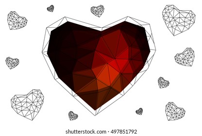 Dark red heart isolated on white background. Geometric rumpled triangular low poly origami style gradient graphic illustration. Vector polygonal design for your business.