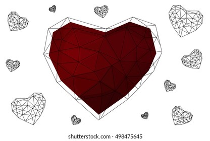 Dark red heart isolated on white background. Geometric rumpled triangular low poly origami style gradient graphic illustration. Vector polygonal design for your business.