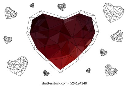 Dark red heart isolated on white background. Geometric rumpled triangular low poly origami style gradient graphic illustration. Vector polygonal design for your business.
