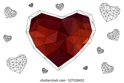 Dark red heart isolated on white background. Geometric rumpled triangular low poly origami style gradient graphic illustration. Vector polygonal design for your business.
