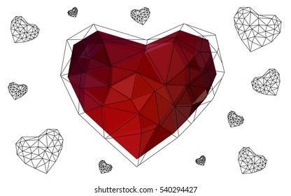 Dark red heart isolated on white background. Geometric rumpled triangular low poly origami style gradient graphic illustration. Vector polygonal design for your business.