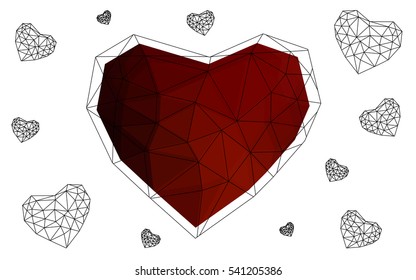 Dark red heart isolated on white background. Geometric rumpled triangular low poly origami style gradient graphic illustration. Vector polygonal design for your business.