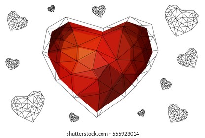 Dark red heart isolated on white background. Geometric rumpled triangular low poly origami style gradient graphic illustration. Vector polygonal design for your business.