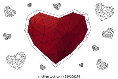 Dark red heart isolated on white background. Geometric rumpled triangular low poly origami style gradient graphic illustration. Vector polygonal design for your business.