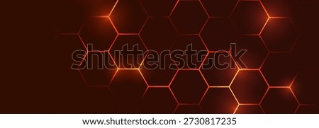 Dark red hexagon abstract technology background with orange and red colored bright flashes under hexagon. Hexagonal gaming vector abstract tech background. Vector illustration with honeycomb pattern