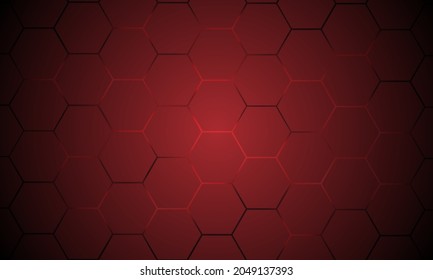 Dark red hexagonal technology vector abstract background. Red bright energy flashes under hexagon in modern technology futuristic background vector illustration. Dark honeycomb texture grid.