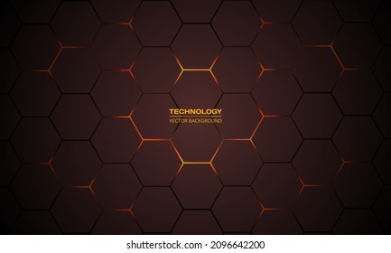 Dark red hexagonal technology vector abstract background. Orange bright energy flashes under hexagon in modern technology futuristic background vector illustration. Dark red honeycomb texture grid.